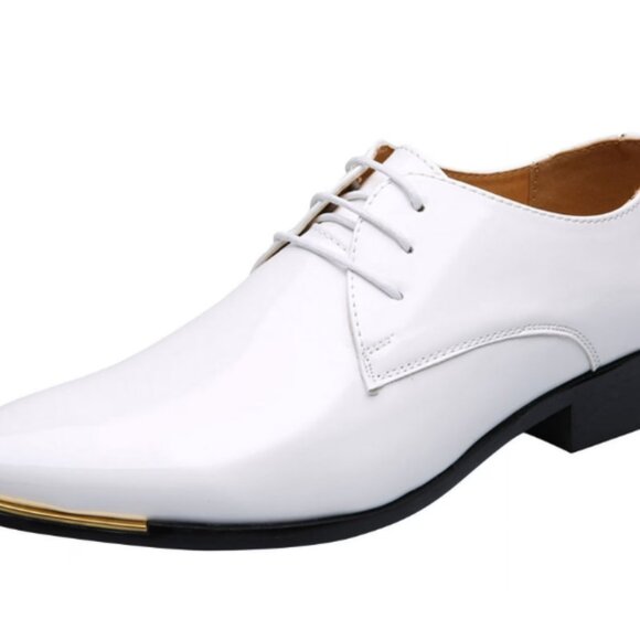 Santimon Men's US 8, 10 White Patent Leather Lace Up Pointed Toe Oxford Shoes - Picture 3 of 11